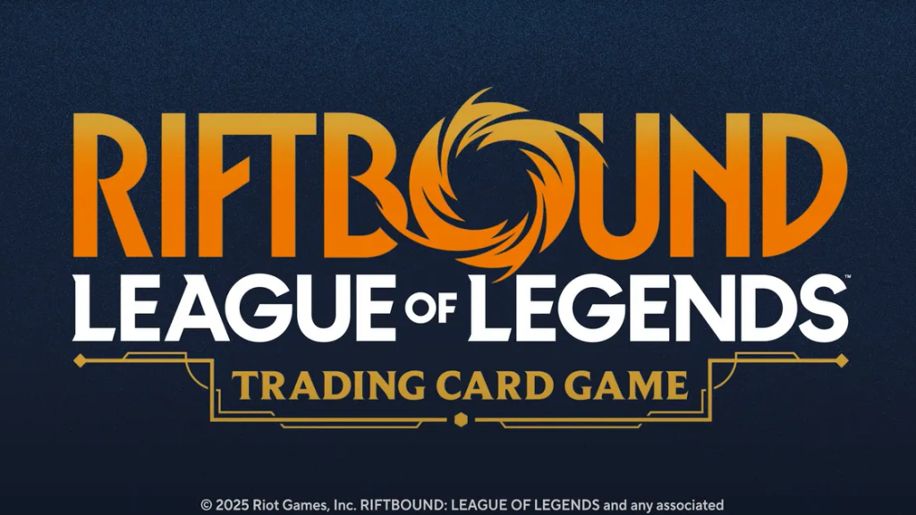 Riftbound League of Legends trading card game logo. Bottom of the image reads: Copyright Riot Games, Inc. RIFTBOUND: LEAGUE OF LEGENDS and any associated