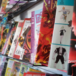 Comic books on a store shelf