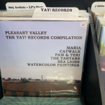 A vinyl record cover in a record flip bin. The cover reads "Pleasant Valley, The Yay! Records Compilation: Maria, Catwalk, Pam & Teri, The Tartans, Sea Lions, Watercolor Paintings." There are two tab dividers visible in the bin that read "805 Artists - LP's New" and "Yay! Records."
