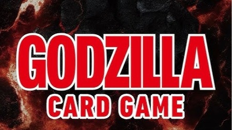 Godzilla Card Game logo text in red on a black and red textured background