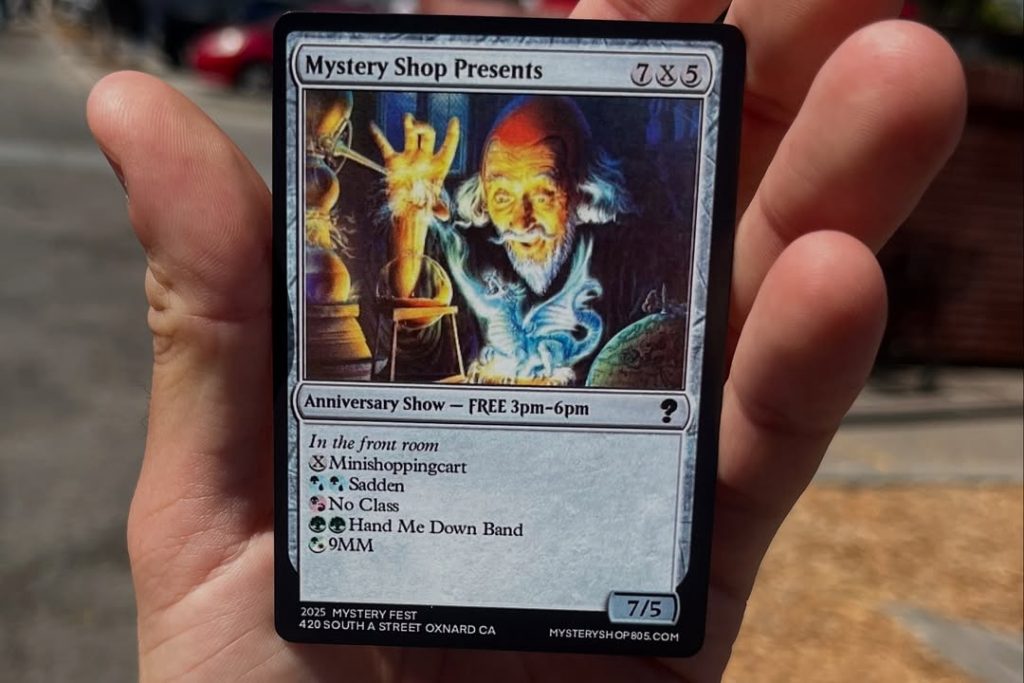 Fan-created Magic the Gathering card advertising Mystery Shop Presents, Anniversary Show, FREE 3pm to 6pm, In the front room: MiniShoppingCart, Sadden, No Class, Hand Me Down Band, and 9mm, July 5, 2025